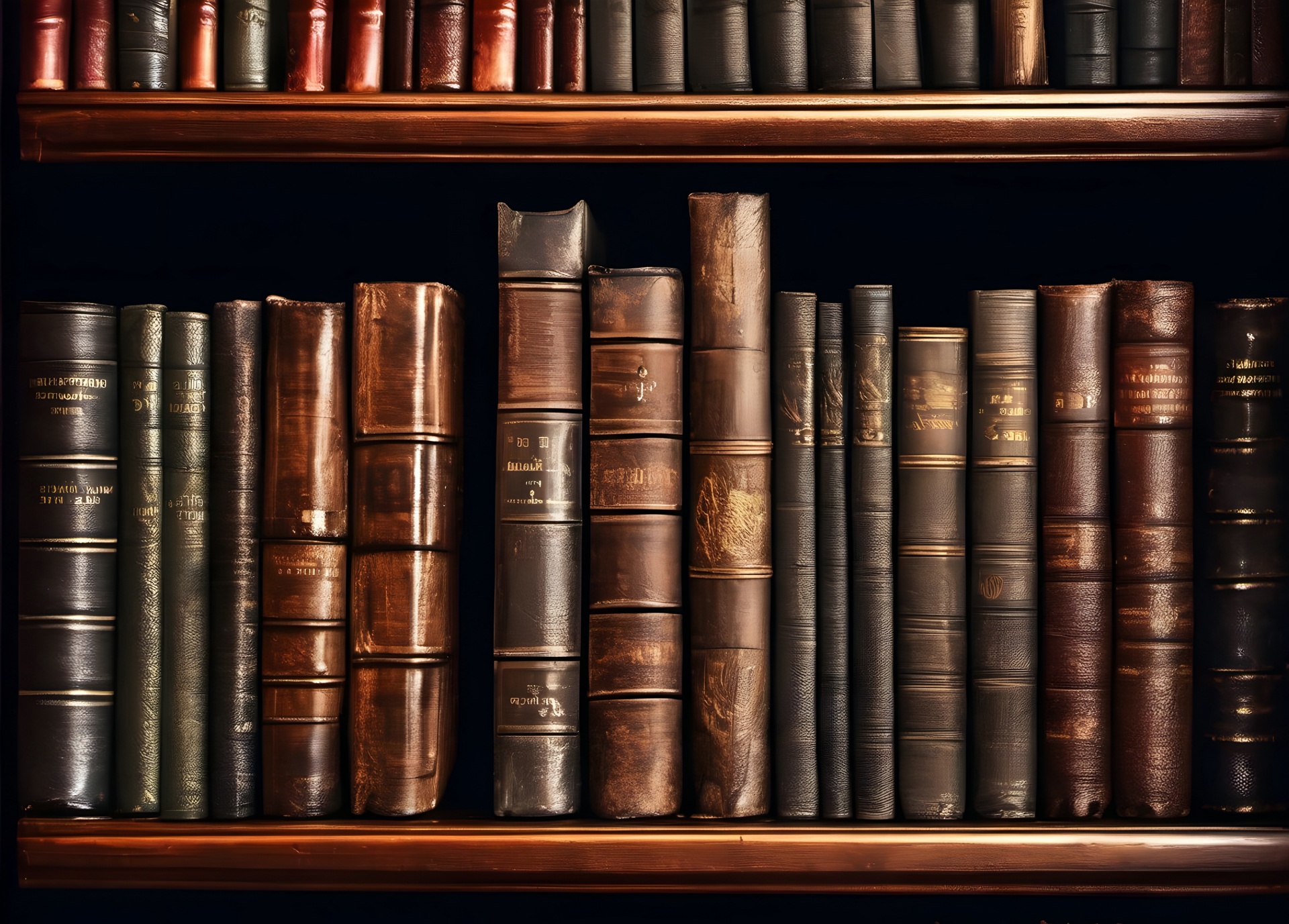 Antique books on wooden bookshelf